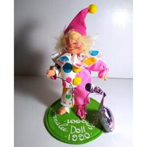 Annalee 8" Pink Circus Clown 1990 Felt Poseable Doll Christmas With Balloon